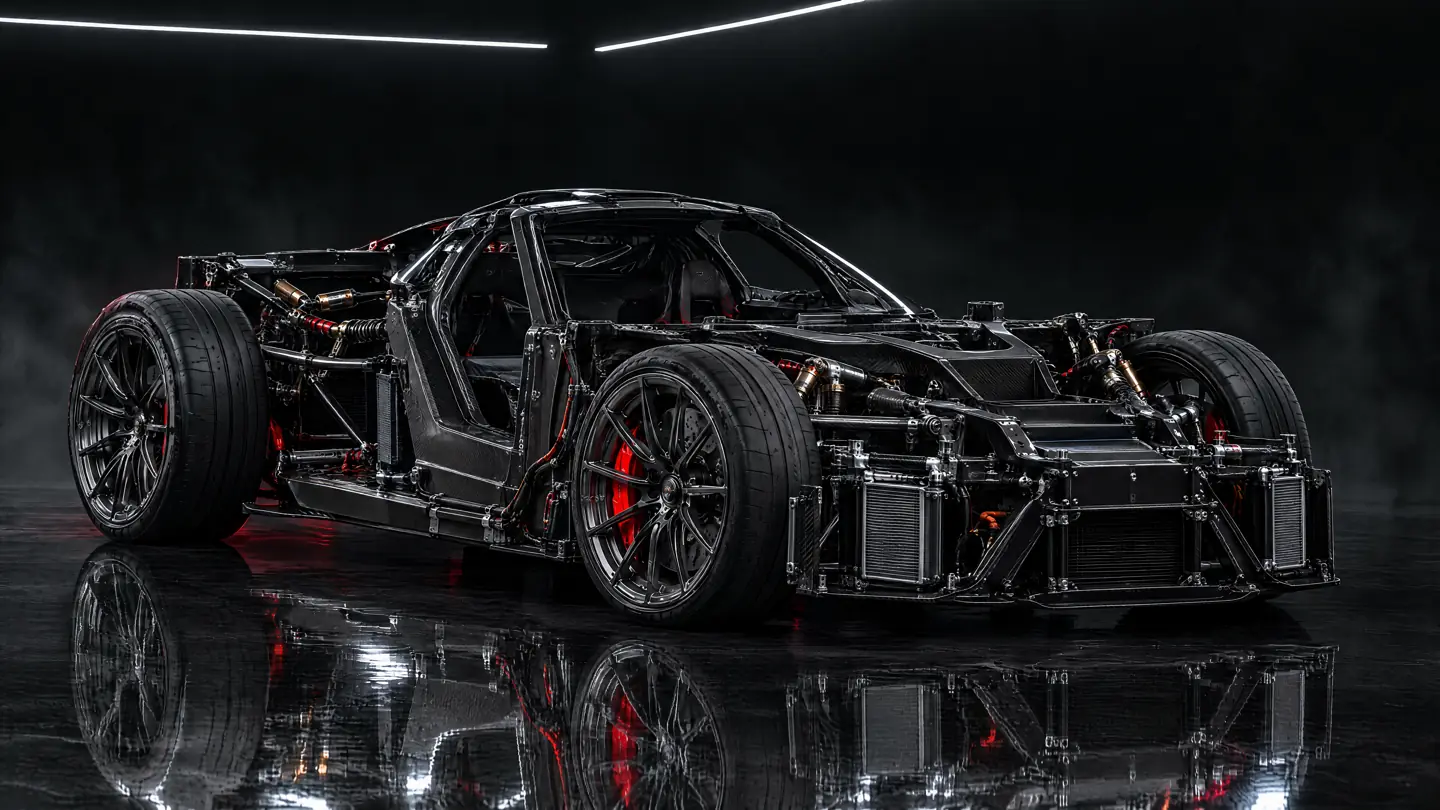 The bare carbon fiber rolling chassis with suspension and forged wheels