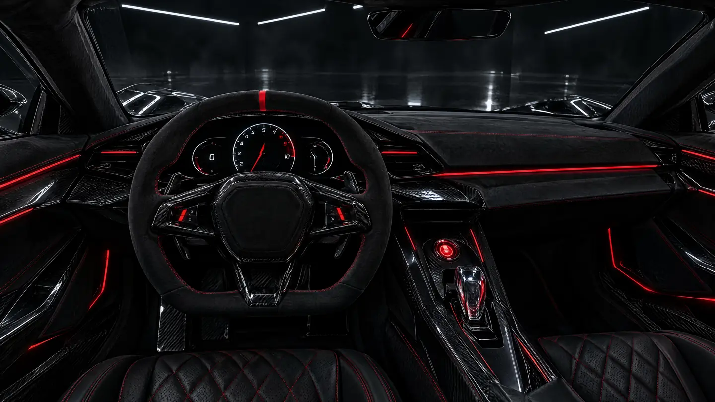 The driver's view: alcantara steering wheel, digital cluster and red ambient light