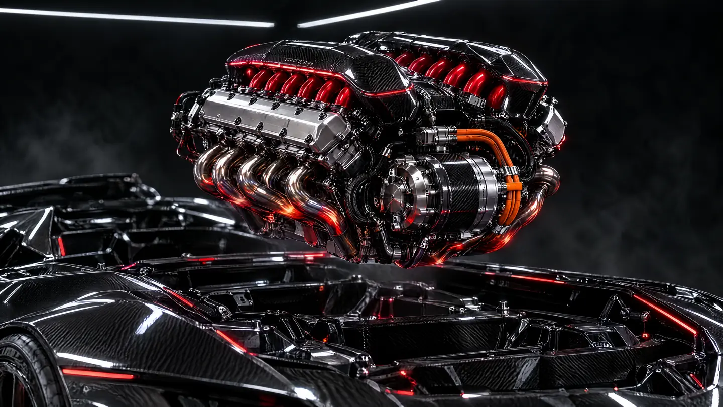 A V12 hybrid engine with red intake runners hovering above a carbon chassis