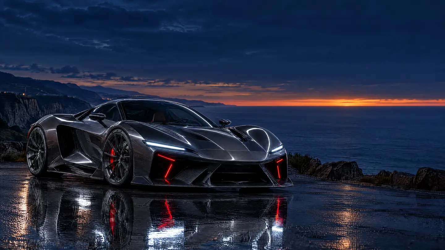 The Nocturne V12 in graphite metallic, parked on a wet clifftop overlook above the ocean at dusk with its headlights on