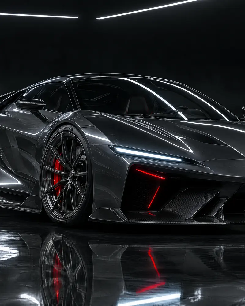 The Nocturne V12 hypercar in graphite metallic in the black studio