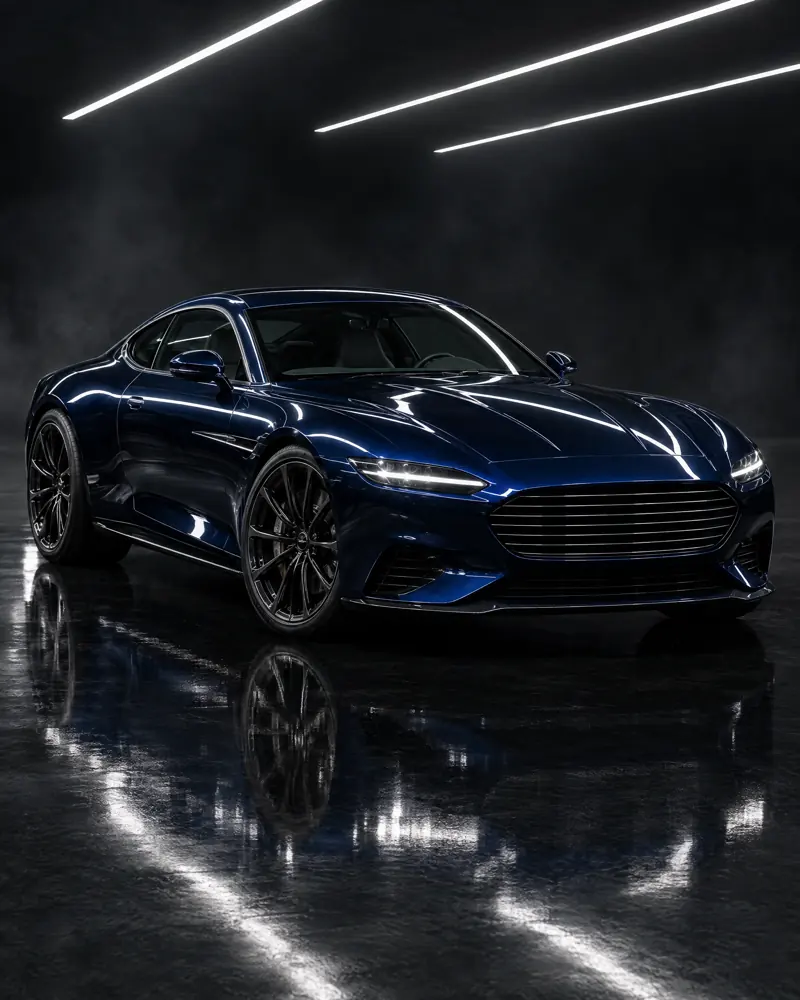 A midnight blue V8 grand tourer coupe