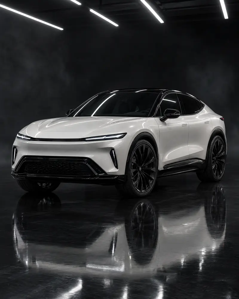 A pearl white performance SUV with a black roof