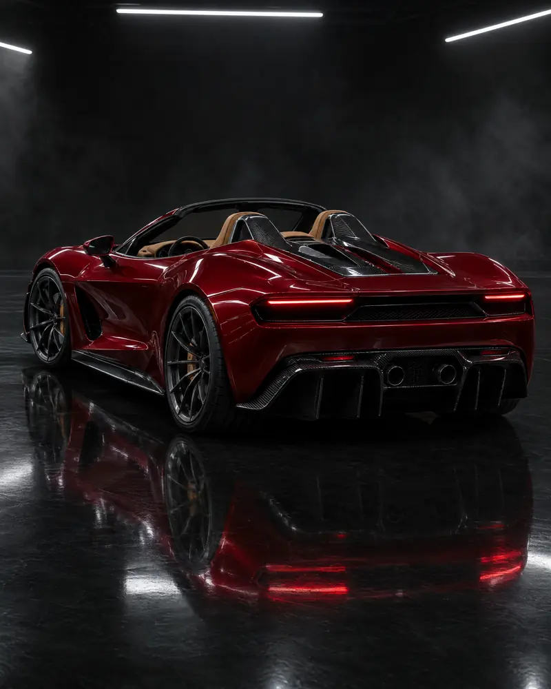 A deep red open-top mid-engine roadster seen from the rear