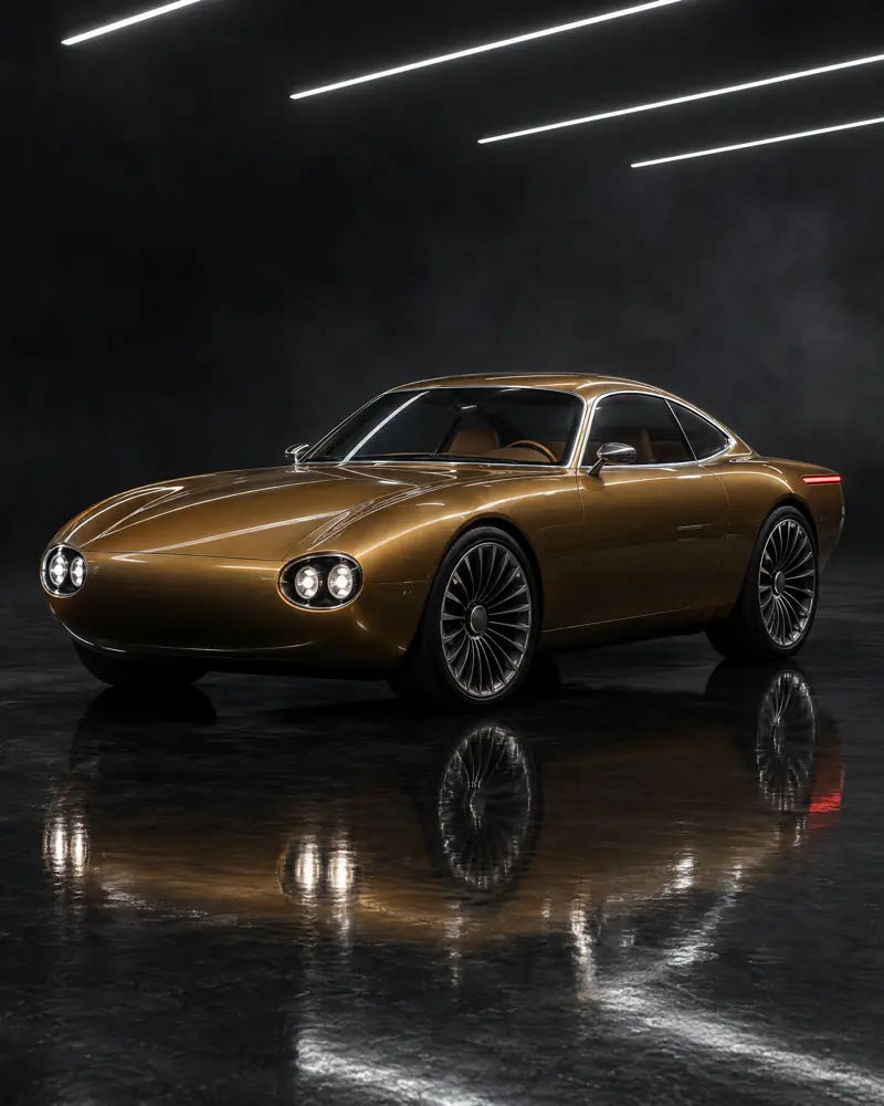 A honey-gold retro-futurist coupe with round twin headlamps