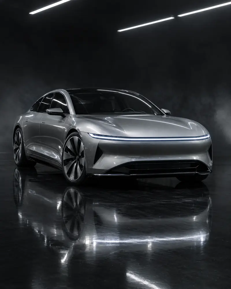 A titanium silver all-electric four-door sports sedan